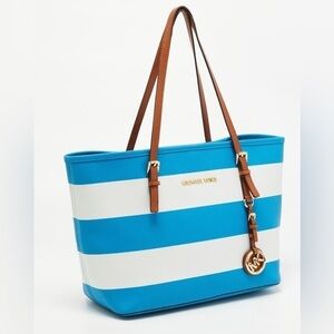 Michael Kors Large Teal White Striped Jet Coated Canvas Leather Tote Bag